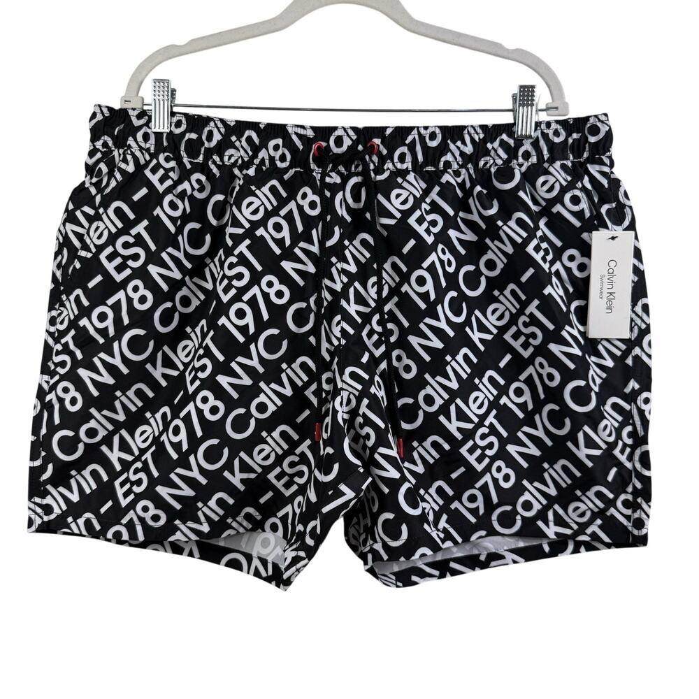 NWT Calvin Klein Swimwear Black White Logo Print Swim Trunks Mens XXL Beach